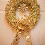 gold tinsel christmas wreath detail