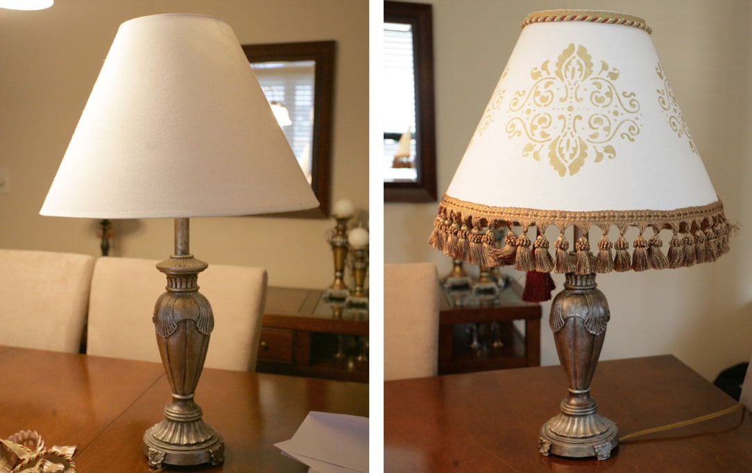 A before picture of the lamp prior to the tutorial and the after picture with the stencil, the tassels.