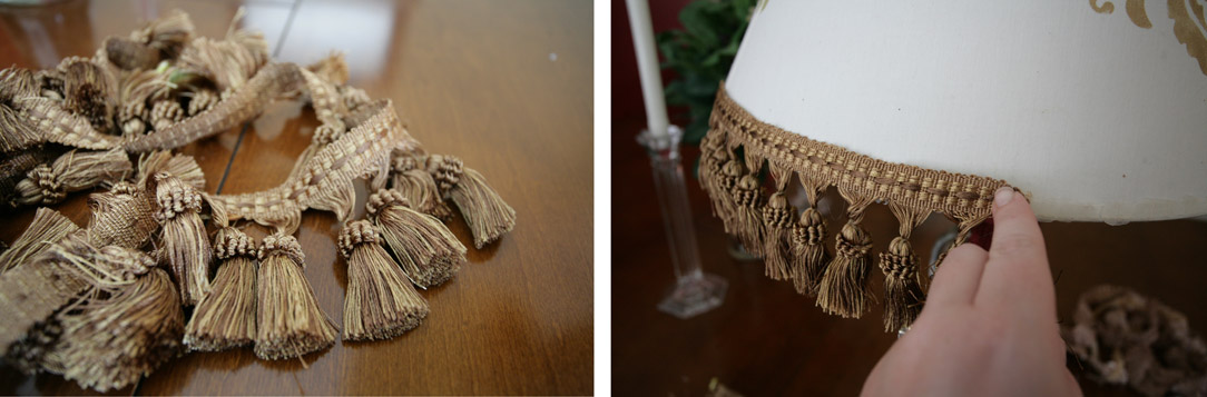 Gluing a gold tassel trim to the bottom of the light shade.