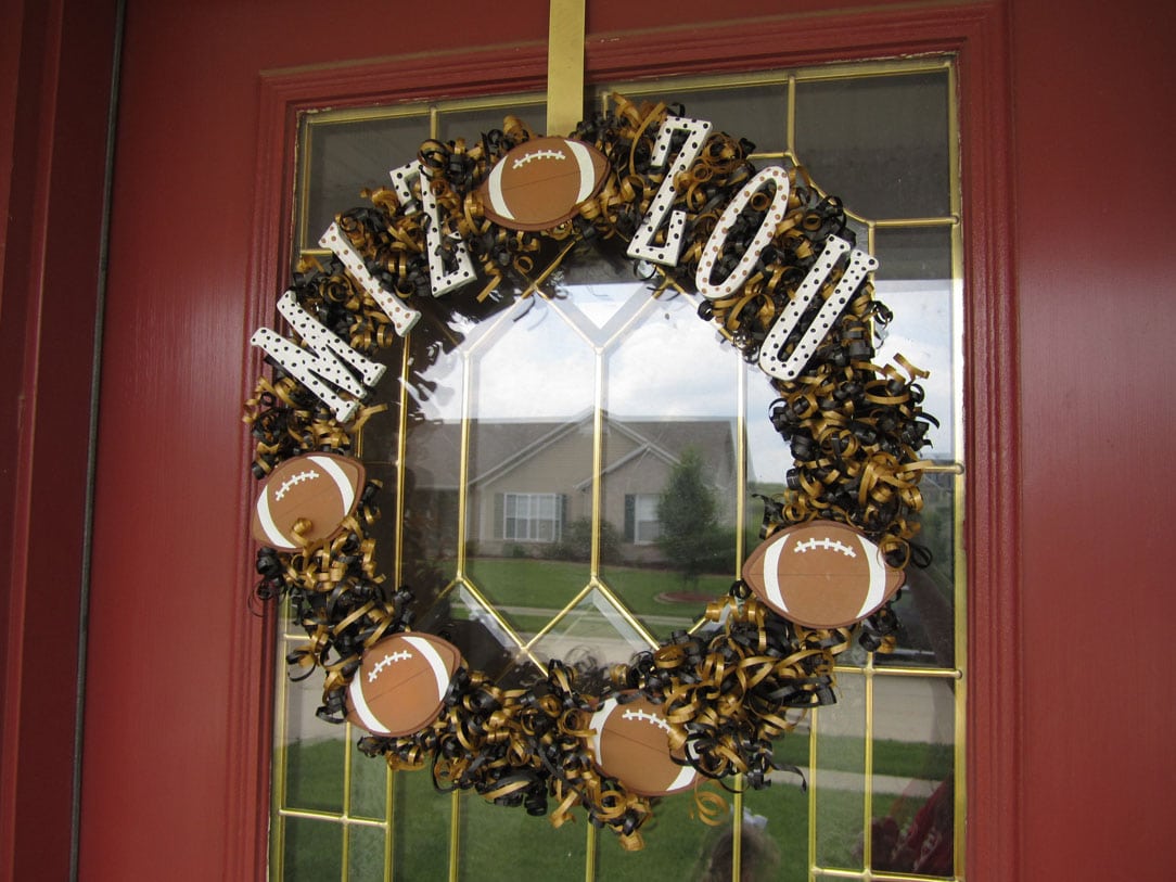 Mizzou football wreath on a red door.