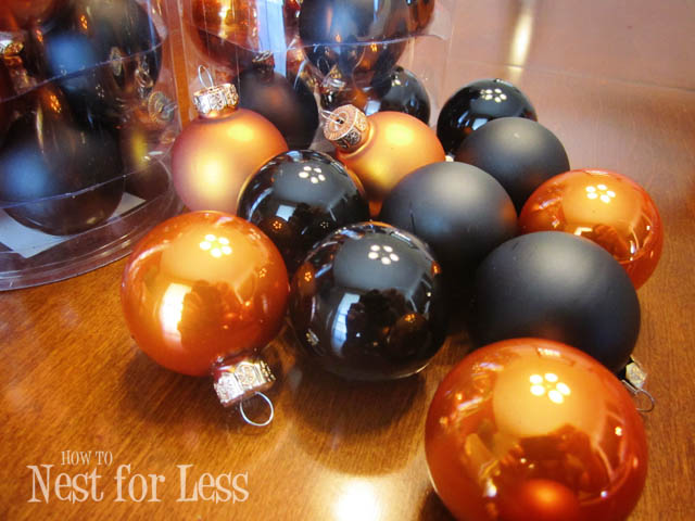 Black and orange glass ornaments.