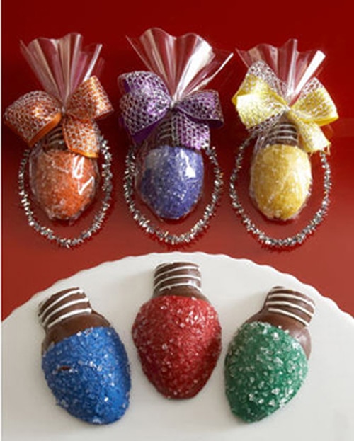 Chocolate covered strawberries that look like Christmas lights.