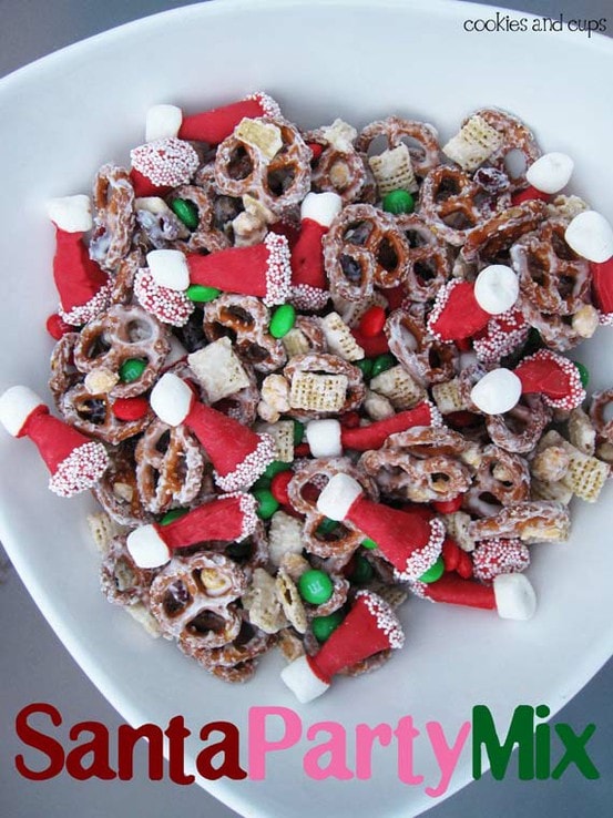 A Santa hat party mix with sugared pretzels.