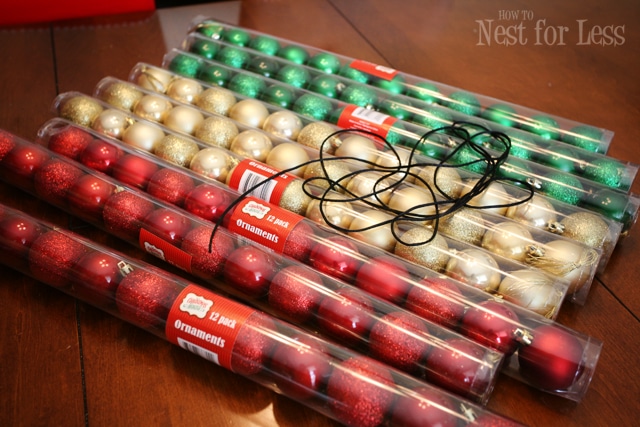 Christmas ornaments in packaging lying on the ground.