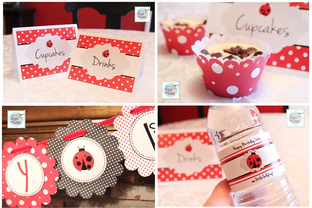 The ladybug printable on a banner, and water bottle.