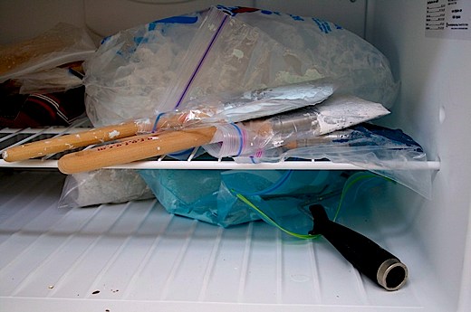 Putting paint brushes in the freezer.