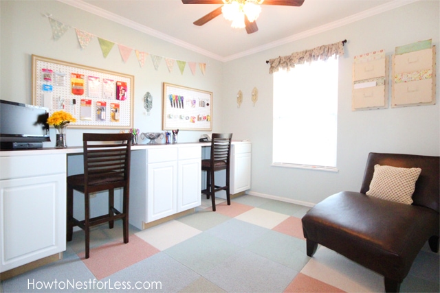 The craft room with the new carpet tiles and all the furniture in it.