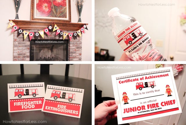 Fire truck birthday party with the certificate, water bottle and banner.