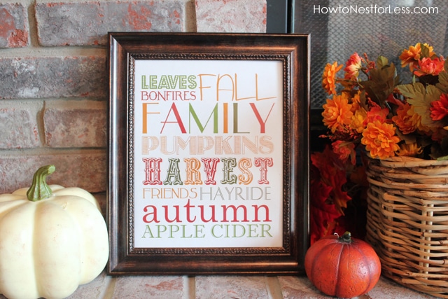 The fall printable on the fireplace.