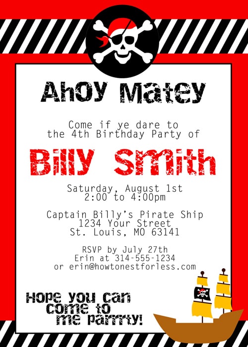 Editable Pirate Birthday Party Invitation Pirate Ship Invitation