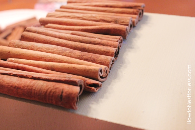 Cinnamon sticks lying in a row on the table.