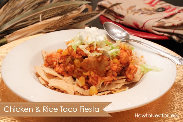 Chicken and rice taco fiesta on a white plate.