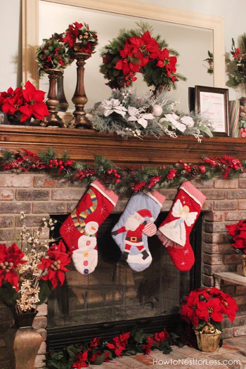 christmas fireplace mantel poinsettia