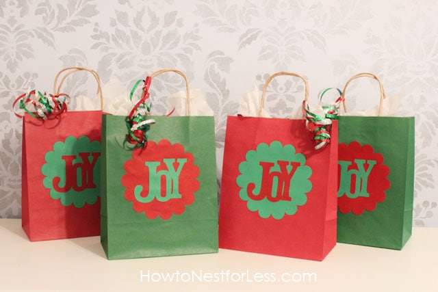 The completed gift bags with ribbons on them.