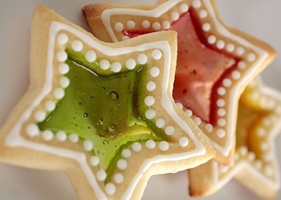Red and green stained glass cookies.