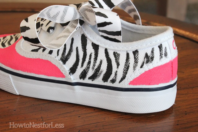 A side view of the zebra stripes on the shoe.