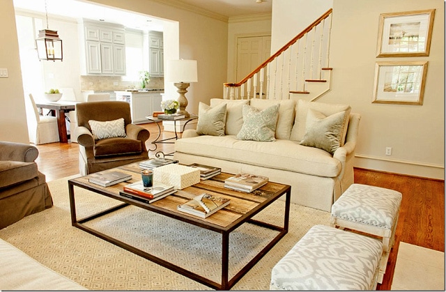 living room with white kitchen