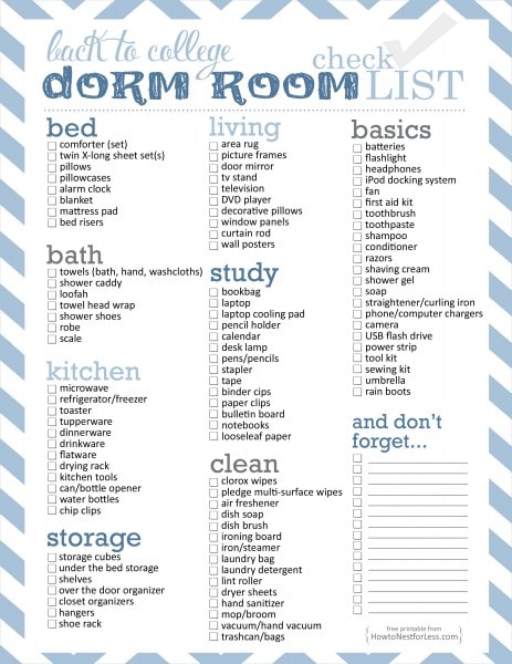 dorm room needs checklist