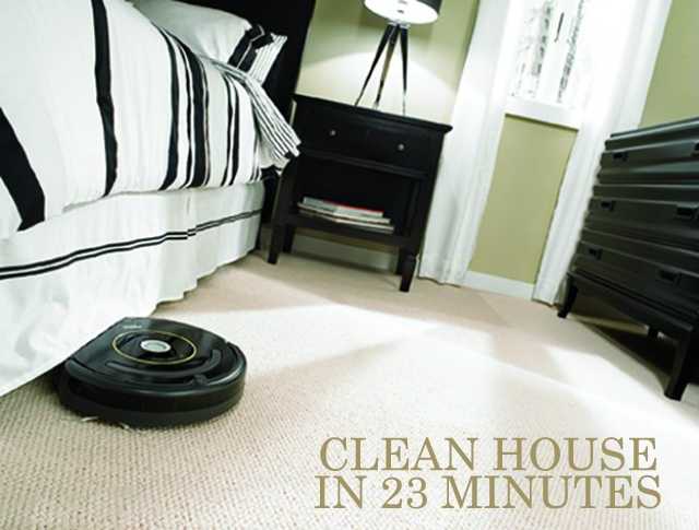 Cleaning the house with a Roomba in the bedroom.
