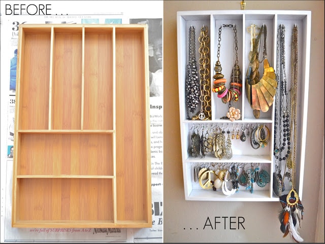 before and after DIY jewelry organizer