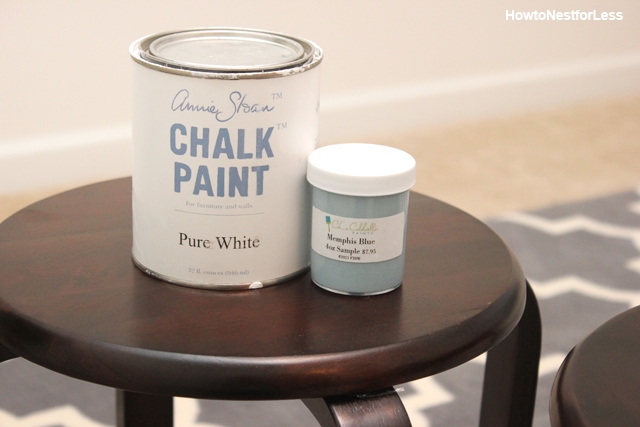 A can of Annie Sloan chalk paint in a can on the stool.