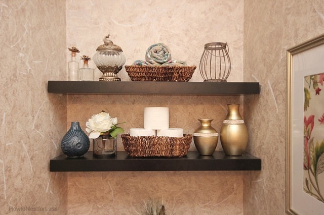 powder room makeover shelves