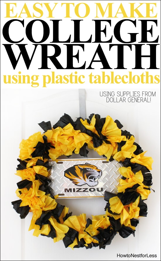 college wreath using plastic tablecloths