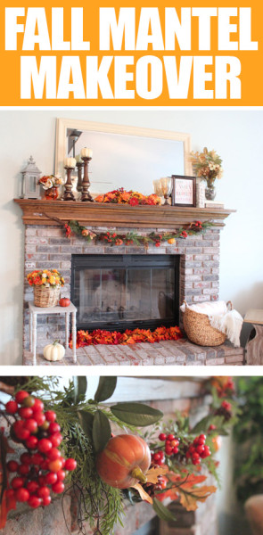 Fall fireplace mantel makeover poster.