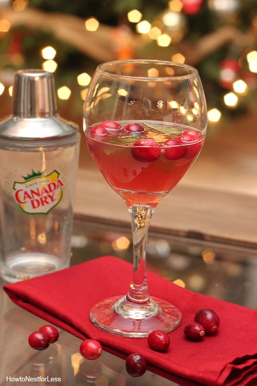 A Canada Dry shaker beside the wine glass filled with jingle juice.