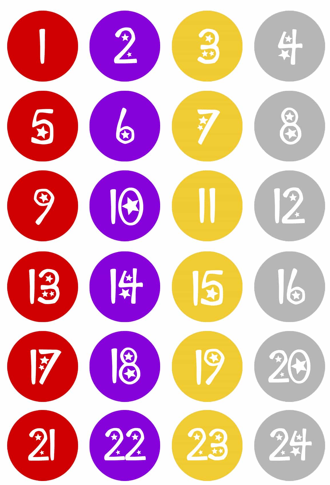 Number 1 to 24 in red, purple, yellow and gray circles.