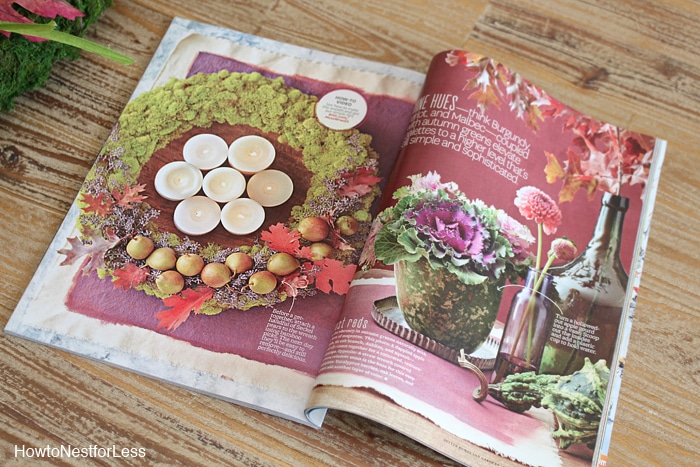 Better Homes And Gardens Magazine opened up to the moss wreath page.