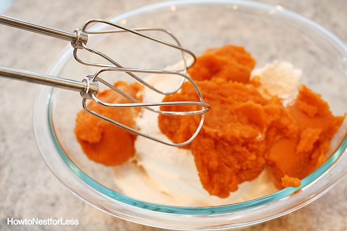 Mixing bowl with the pumpkin in it.