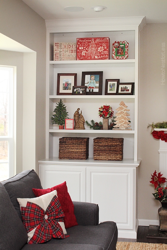 christmas family room bookshelves