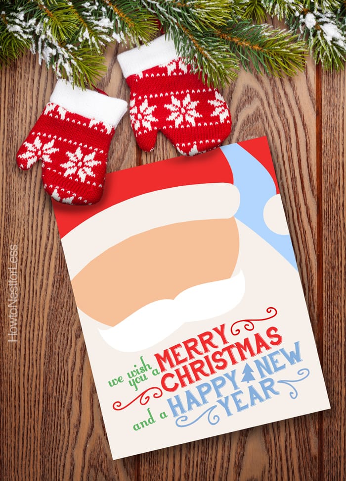 Christmas santa printable with mittens beside it.