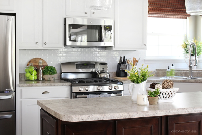 Stainless steel stove and fridge with greenery on counter and white backsplash.