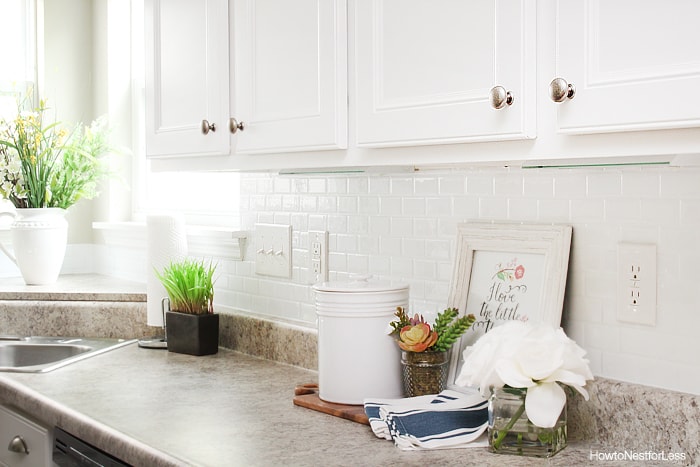 White kitchen with plants and flowers on counter and white backsplash.