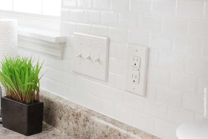 Green plant sitting on counter with white tiles behind it.