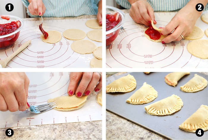 Filling the pastry dough with the cherry filling and pinching it together.