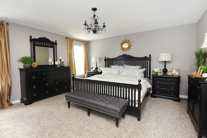 master bedroom gold and black decor