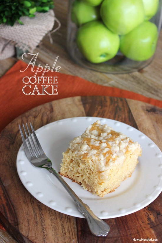 Baked apple cake on plate with fork.