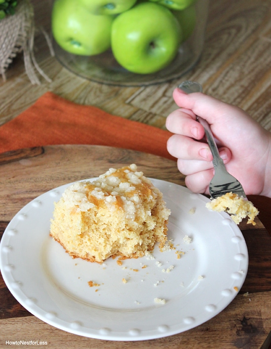 Eating the apple coffee cake.