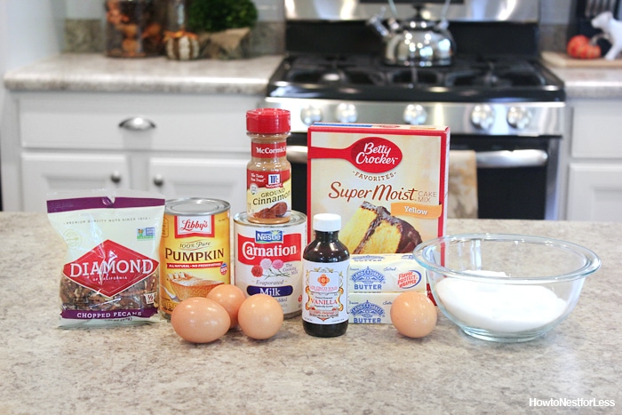 All the cake ingredients on the counter.