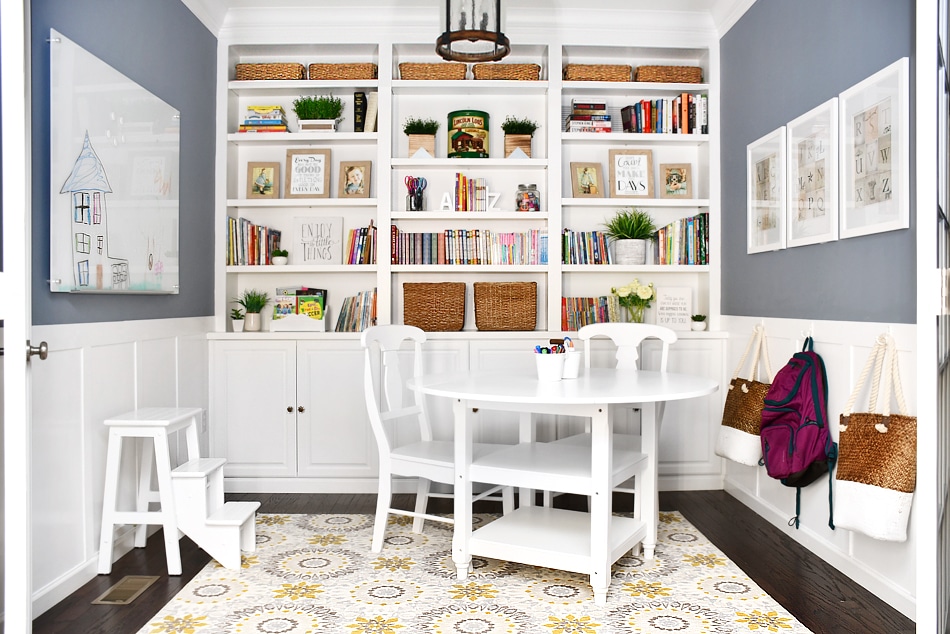 A slate blue painted homework room.