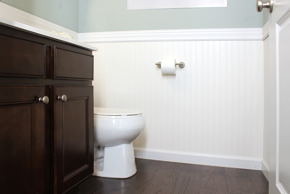 White trim in the small bathroom.