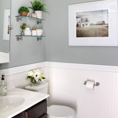 powder room with white beadboard wallpaper and Sherwin Williams Oyster Bay walls