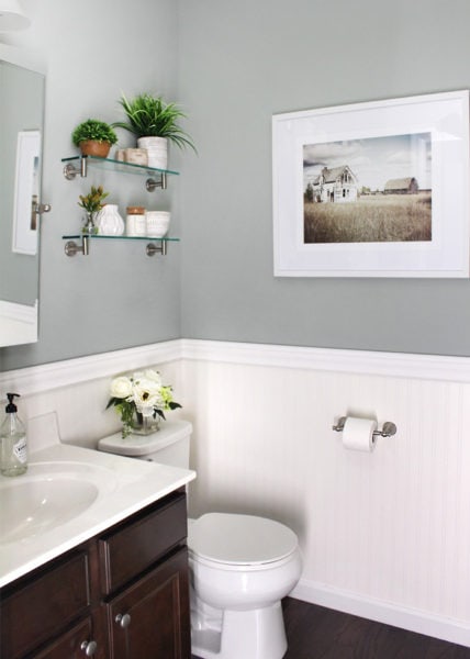 powder room with white beadboard wallpaper and Sherwin Williams Oyster Bay walls