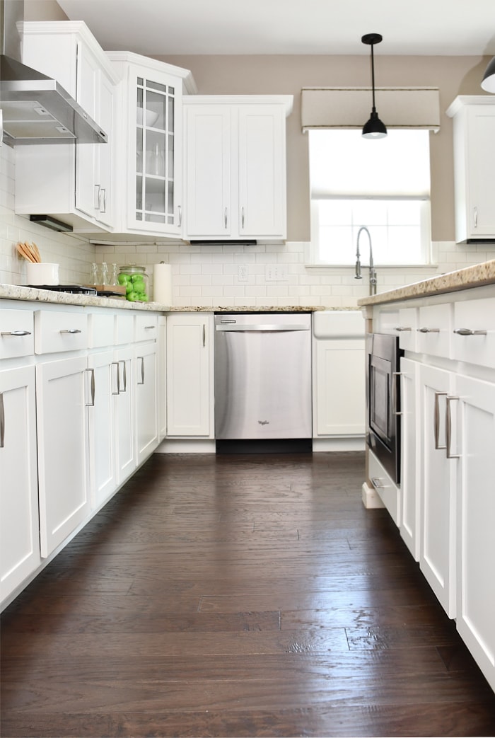 Dark wooden floors in the kitchen.