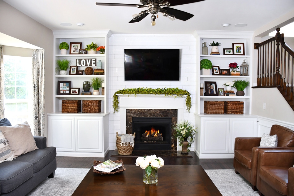 Family Room Makeover With White Built Ins And Charcoal Couches