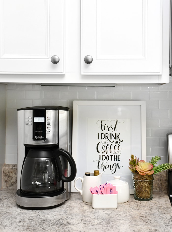 Kitchen island + coffee station.