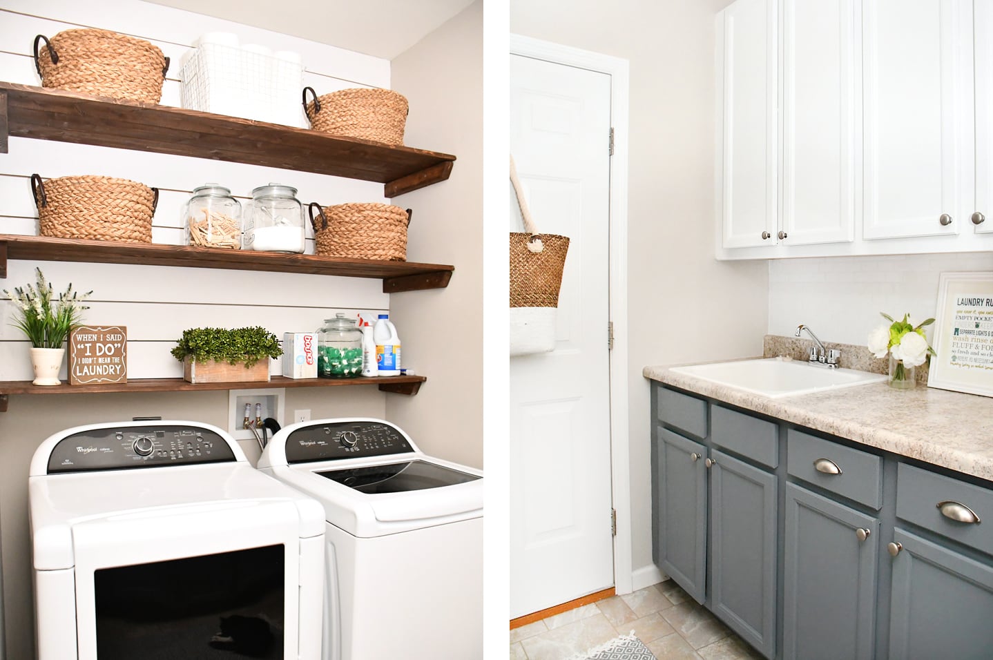 Budget Laundry Room Makeover with DIY Shiplap and Stained Shelves